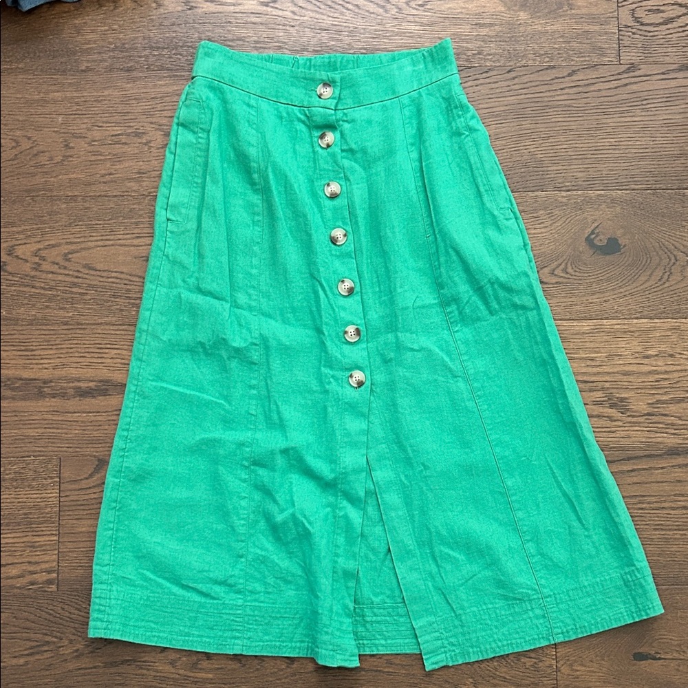 Green Button-Front Linen A-Line Midi Skirt